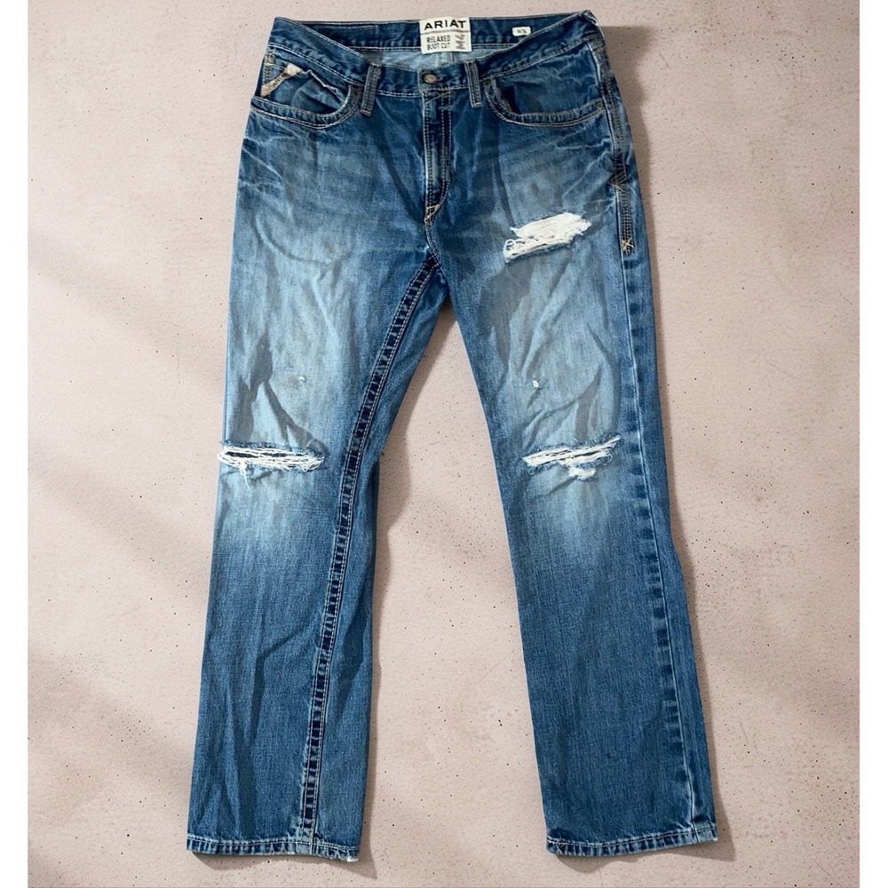 Ariat M4 Mens 34x34 Blue Jeans Relaxed Boot Cut Distressed Western